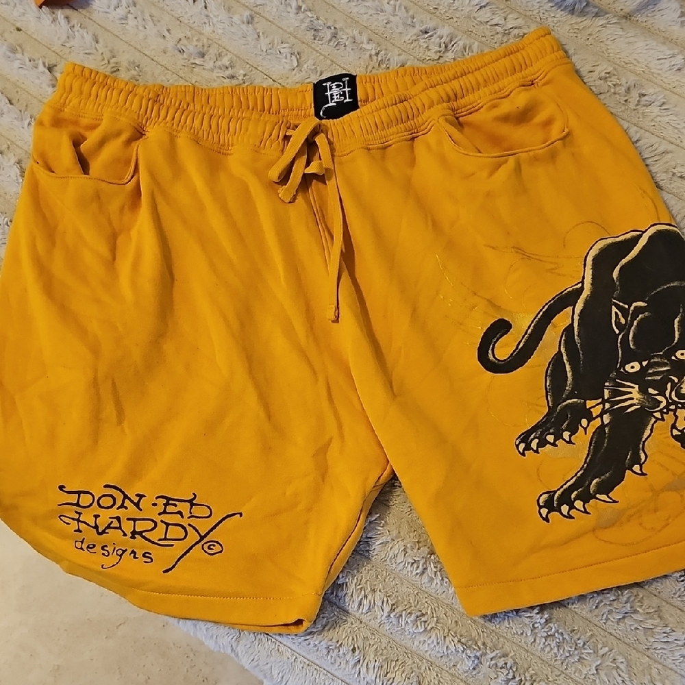 Ed Hardy Men's Yellow Shorts with Panther Design